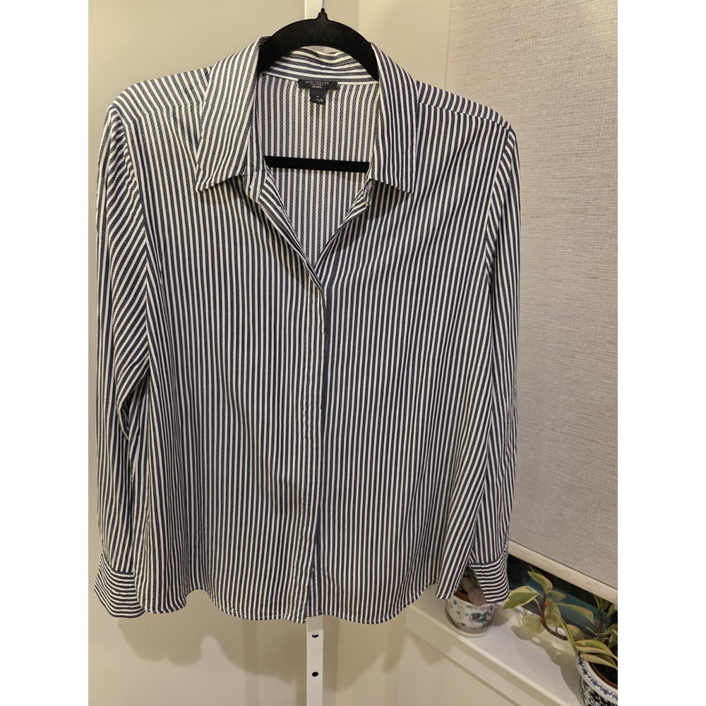 Ann Taylor Women's Navy Button Up with White Stripes Blouse PL Career